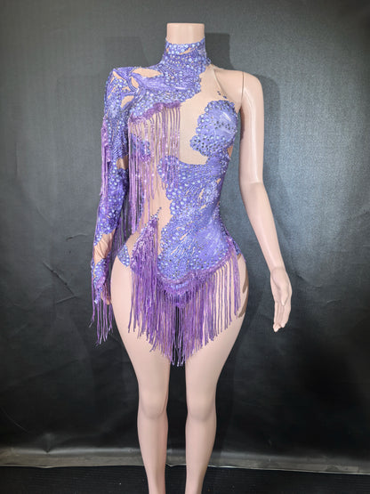 Sexy Skinny Leotard Singer Dancer Show StageWear Sparkly Blue Rhinestones Women DanceCostume Fringes One Shoulder Bodysuit  7G