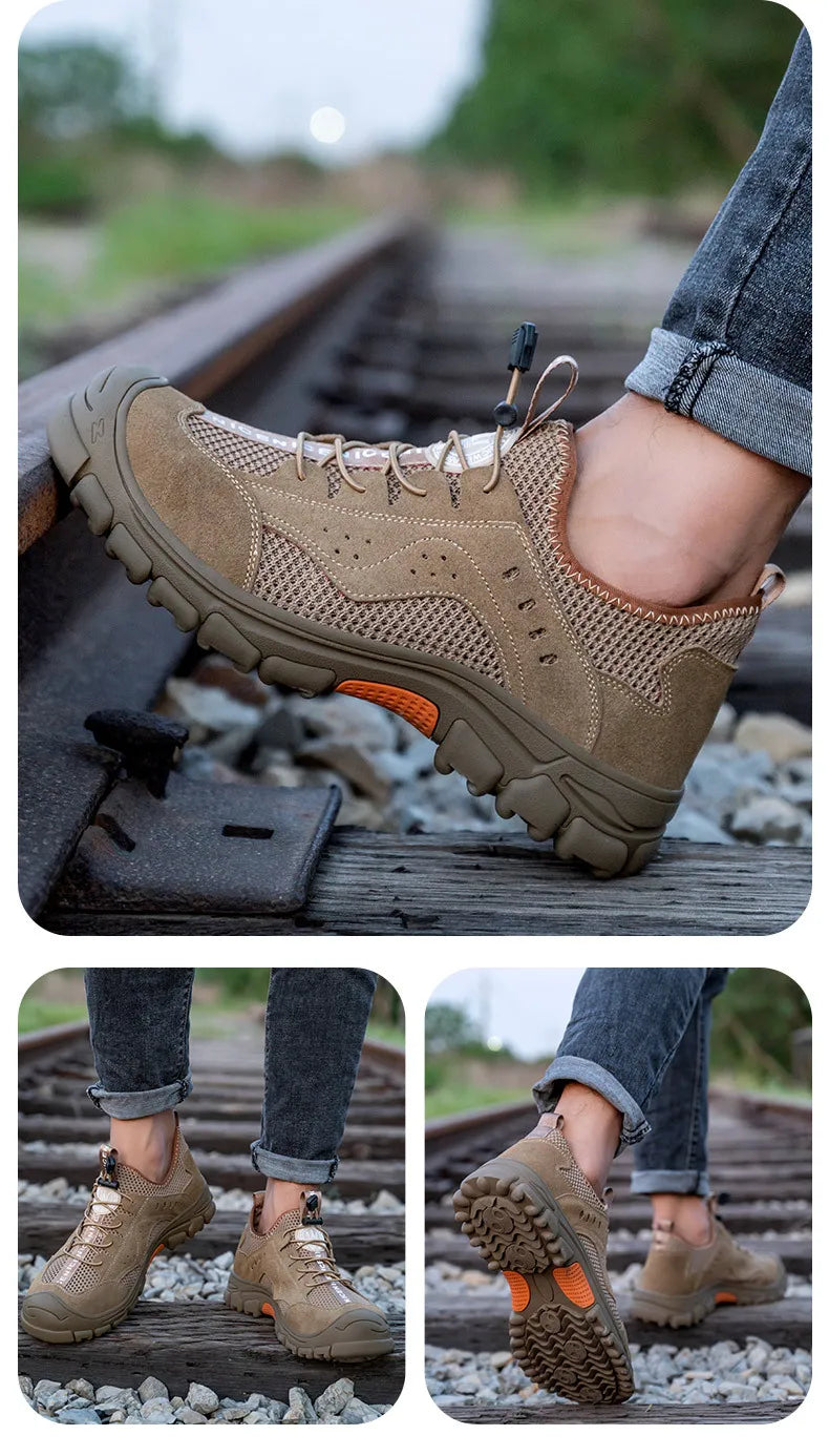 Zapatos de seguridad de piel de vaca, transpirables, para hombre, con puntera de acero, resistentes a impactos, botas de trabajo, indestructibles, zapatillas de trabajo modernas.