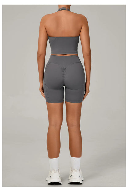 Ctenkevet - Conjunto de 2 piezas de sujetador halter sin espalda para mujer, ropa deportiva de secado rápido para gimnasio, conjunto deportivo femenino de dos piezas con pantalones cortos