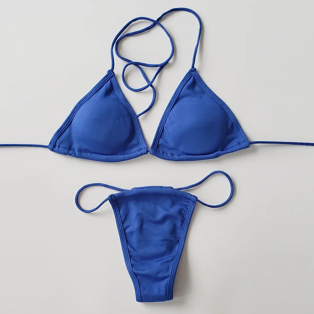 Traje de baño para mujer, conjunto de bikini sexy de color sólido de dos piezas, copa triangular, tanga, traje de baño con cordones, ropa de playa, piscina, spa, uso diario