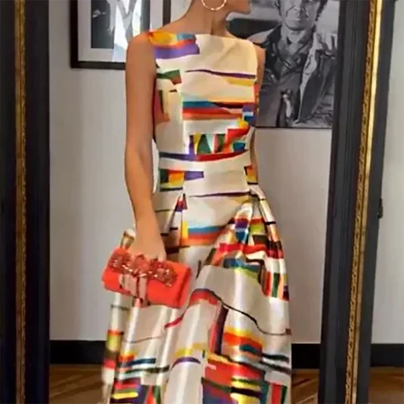 Vestido de noche elegante estampado con cuello redondo 2023, vestido sexy sin mangas con cintura descubierta, vestido largo plisado informal para oficina.