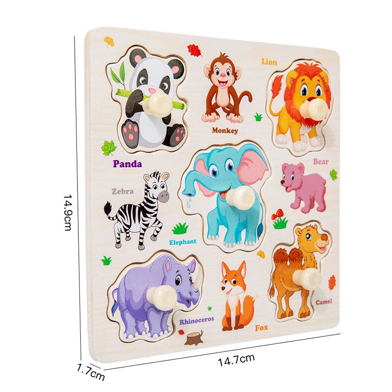Rompecabezas de madera Montessori, juguetes para niños, dibujos animados de animales, tráfico, tableros de agarre, juguetes educativos de aprendizaje temprano para niños.