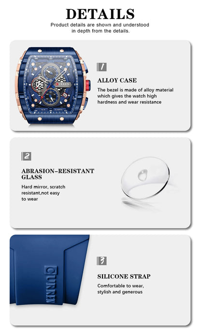 Relojes CURREN de primera marca para hombre, reloj de pulsera de cuarzo cuadrado de lujo, reloj cronógrafo luminoso resistente al agua para hombre, reloj con fecha