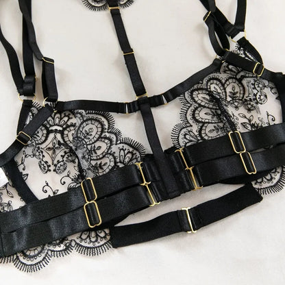 Tornova - Conjunto de ropa interior sexy con bordado de 5 piezas para mujer, de malla con retazos, transparente, con cuello halter y ligas, lencería sexy