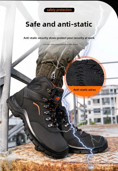 Zapatos de trabajo de cuero antiestáticos, de protección laboral, antiaplastamiento, antipinchazos, antideslizantes, antipolvo y resistentes al desgaste para hombre.