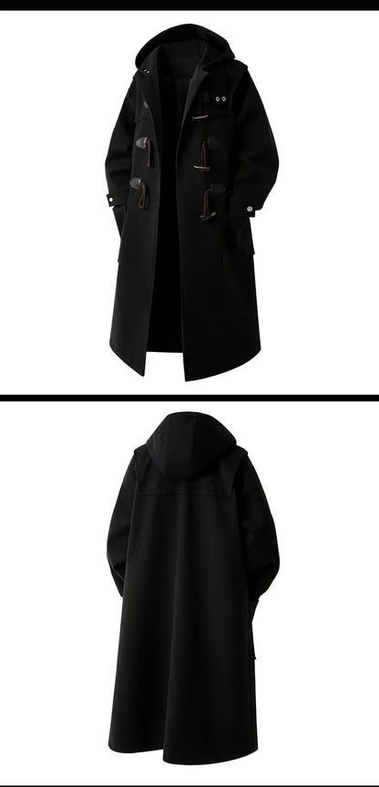 Autumn Men Thick Hooded Trench Coat Men Korean Wool Blends Overcoat Men Casual Horn Button Woollen Coat Black Warm Loose Coat