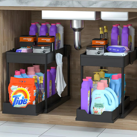 Organizador y almacenamiento debajo del fregadero, estante organizador de cocina con cajones deslizantes dobles, estante de almacenamiento multiusos