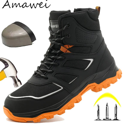 Zapatos de seguridad para hombre, antideslizantes, antiperforación, antiaplastamiento, con puntera de acero, botas de trabajo de caña alta, para taller de forja.