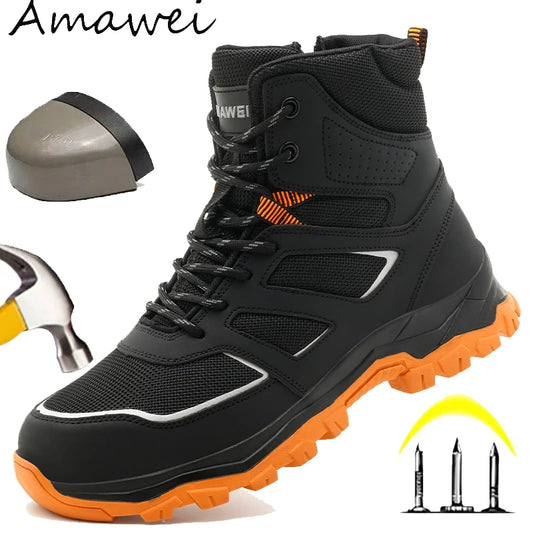 Zapatos de seguridad para hombre, antideslizantes, antiperforación, antiaplastamiento, con puntera de acero, botas de trabajo de caña alta, para taller de forja.