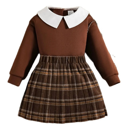 Ropa infantil para primavera y otoño, moda para niñas, lindo conjunto de color liso, top de manga larga con solapa + falda plisada a cuadros dos