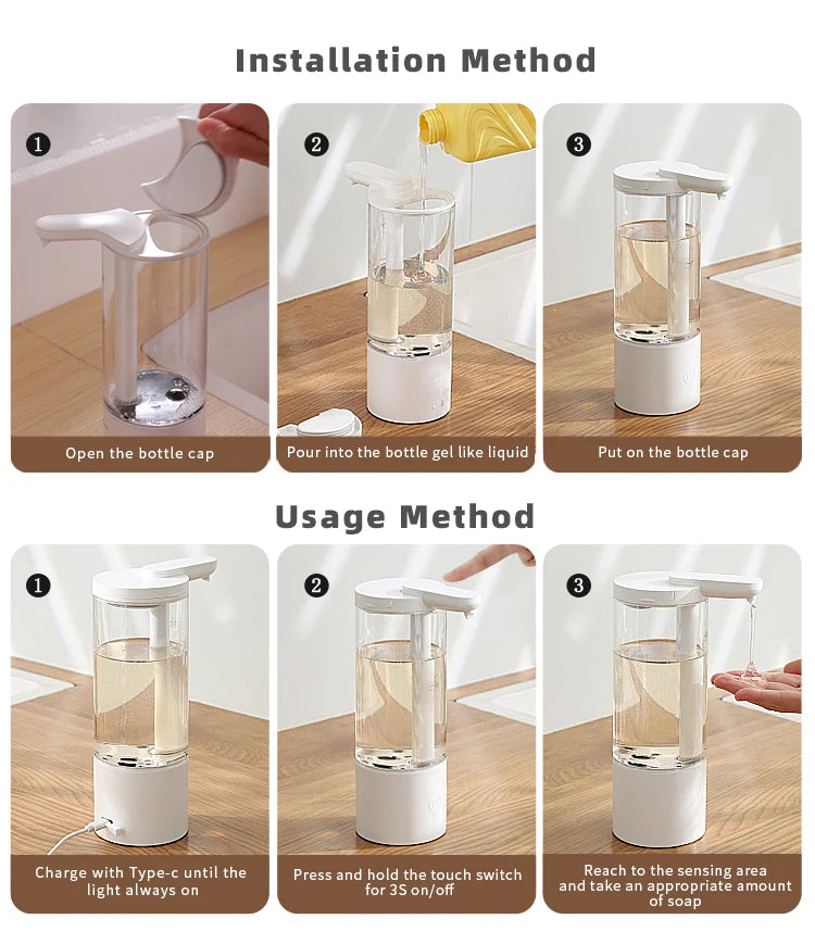 Dispensador automático de jabón líquido de 500 ml para cocina, recargable por USB, sin contacto, de alta capacidad, para detergente. También apto para baño.