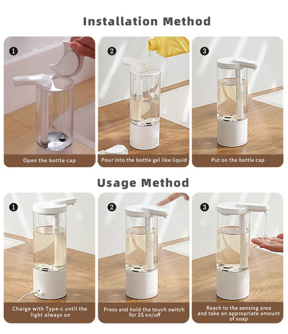 Dispensador automático de jabón líquido de 500 ml para cocina, recargable por USB, sin contacto, de alta capacidad, para detergente. También apto para baño.