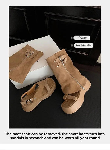 Botines estilo romano caqui de dos vías, sandalias de moda retro con personalidad individual, zapatos cómodos con suela de goma para mujer