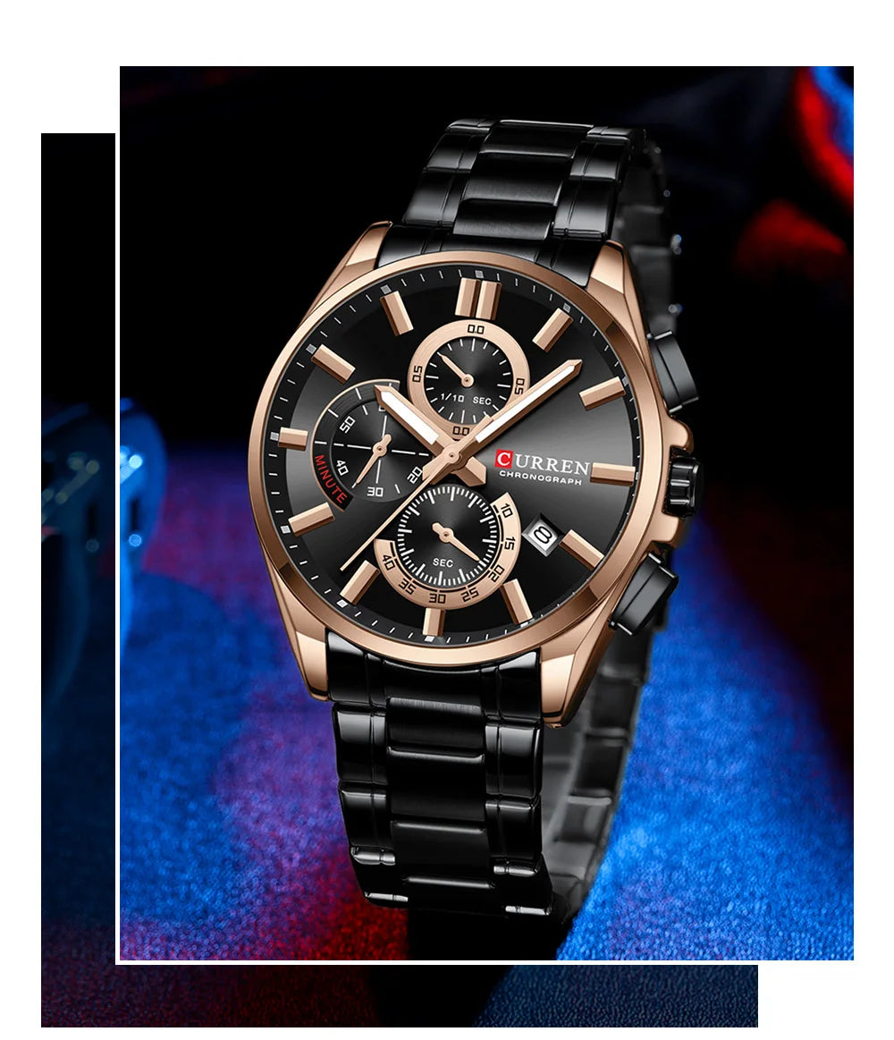 CURREN - Reloj cronógrafo de acero inoxidable para hombre con manecillas luminosas, tres subesferas, fecha automática, diseño moderno, de cuarzo