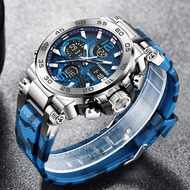 FOXBOX Reloj digital a prueba de golpes para hombre, estilo militar, camuflaje, resistente al agua hasta 5 ATM, relojes electrónicos a prueba de golpes, estilo táctico.