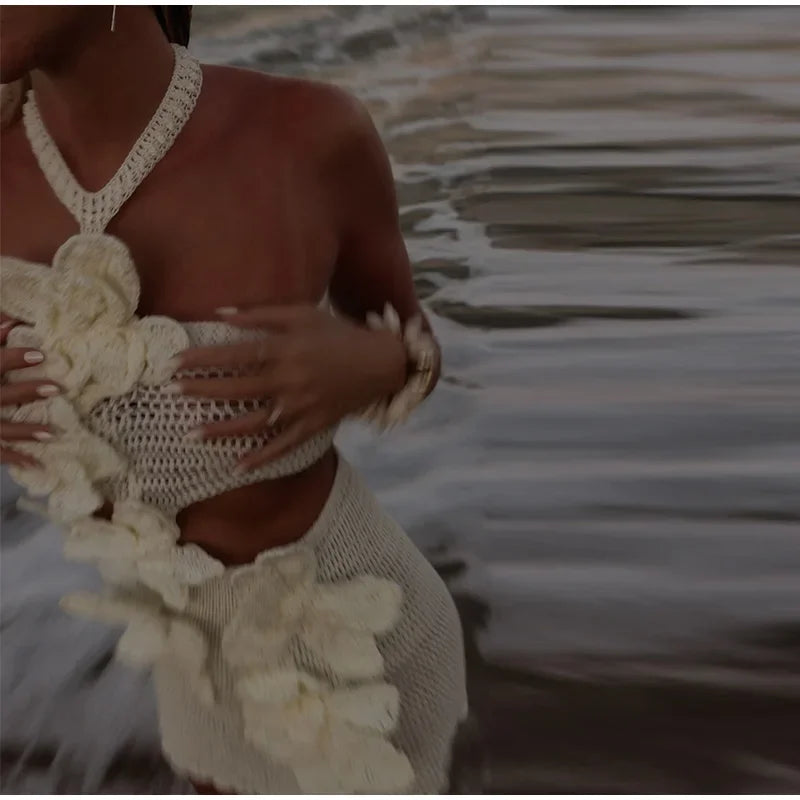 Vestido largo de punto con cuello halter y estampado floral, sexy, sin mangas y con espalda descubierta, estilo maxi, colección 2024. Ideal para la playa y las vacaciones.