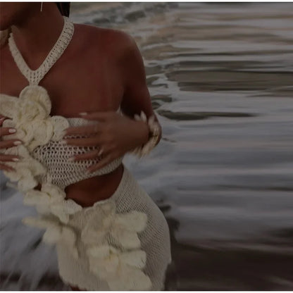 Vestido largo de punto con cuello halter y estampado floral, sexy, sin mangas y con espalda descubierta, estilo maxi, colección 2024. Ideal para la playa y las vacaciones.