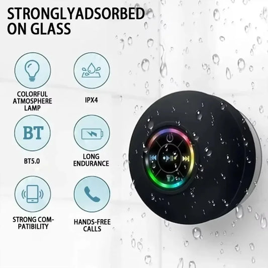 Mini altavoz portátil de audio con Bluetooth, IPX4, resistente al agua, con luces LED para baño y exterior, con ventosa grande que se puede adsorber en la pared.