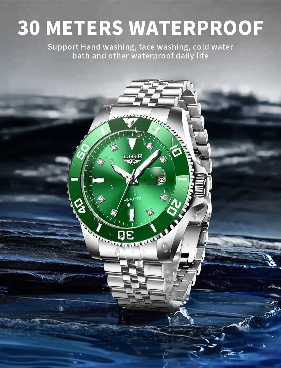 Reloj de lujo LIGE para hombre, reloj de cuarzo con esfera engastada de diamantes, resistente al agua, calendario, mariposa, doble cierre, acero inoxidable.