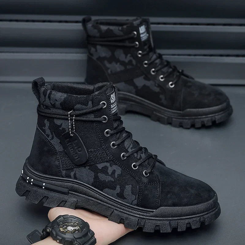 Botas altas para hombre, suela plana, ligeras, para senderismo, exteriores, negras, para correr, tenis, caminar, motocicleta