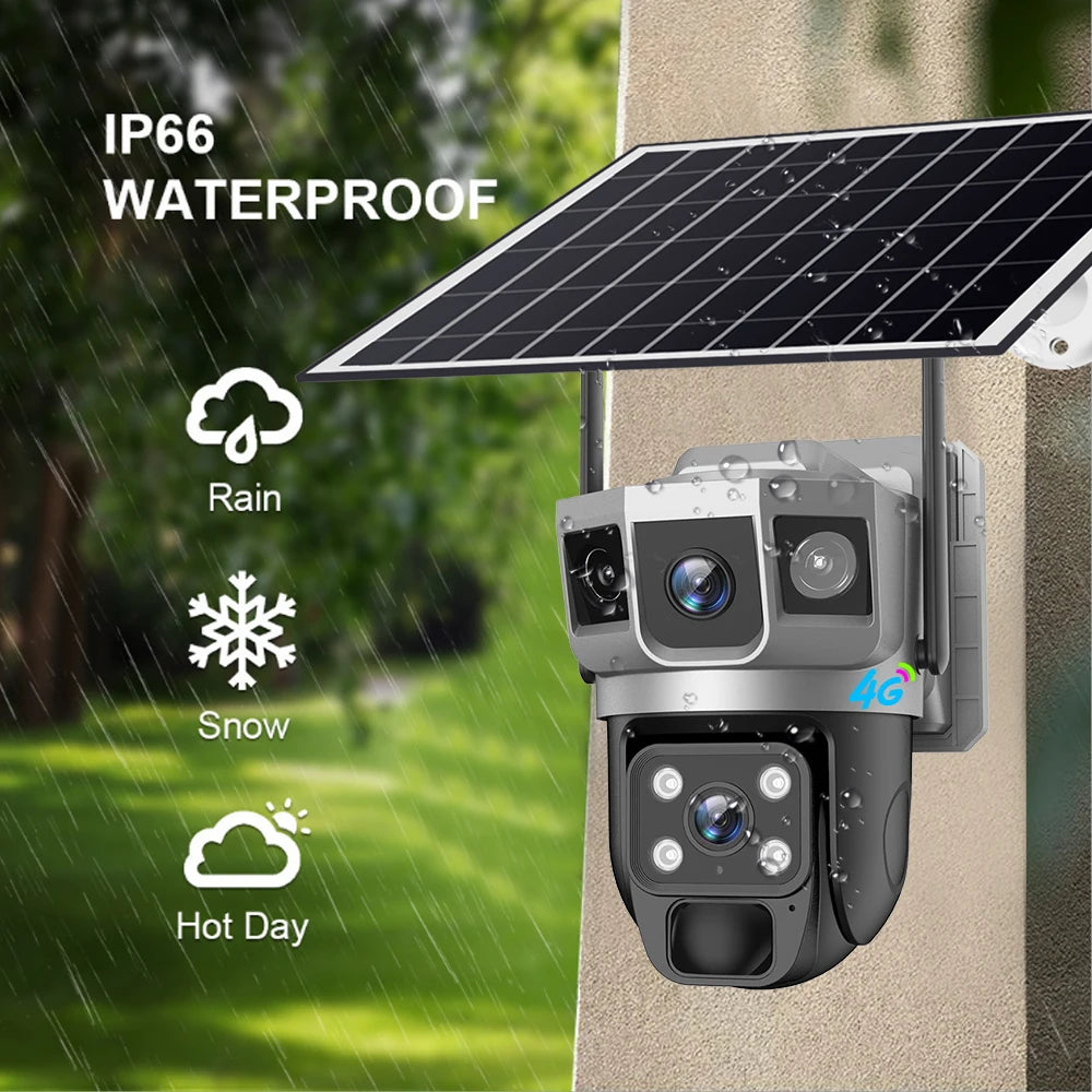 Cámara solar exterior V380Pro de 12 MP con IP 4G/WiFi, visión nocturna HD, seguimiento PTZ, detección de movimiento PIR y seguridad para el hogar (CCTV inteligente).