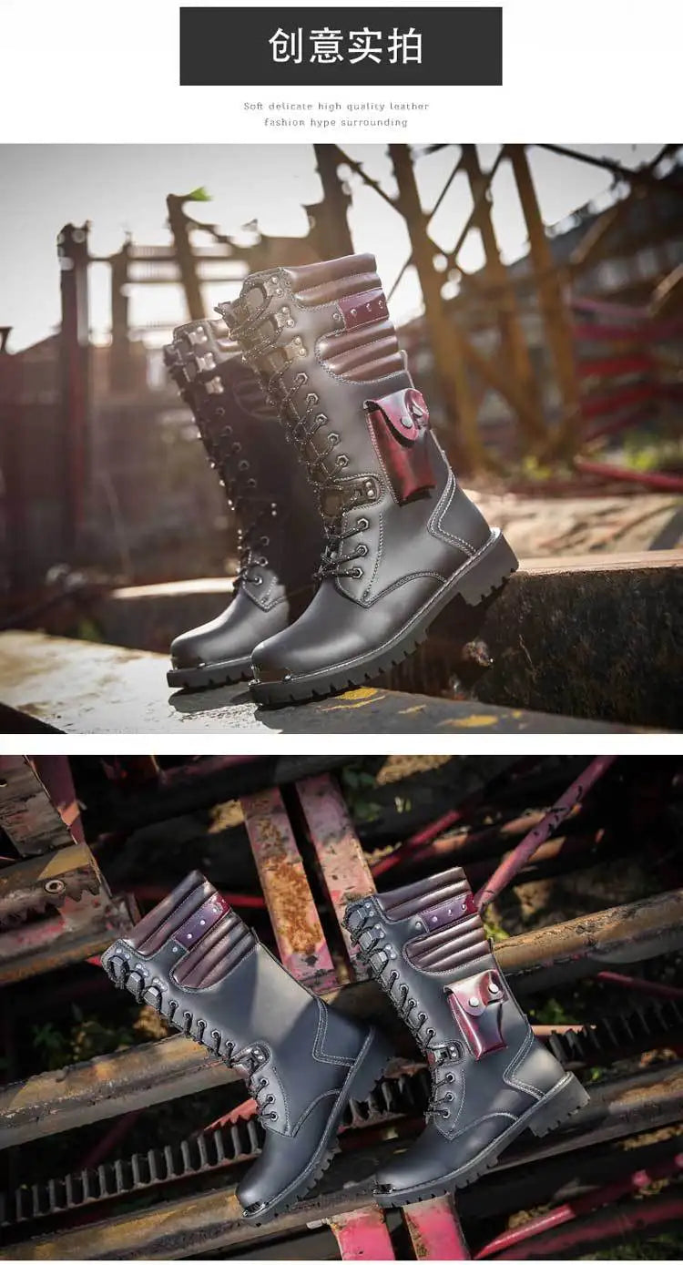 Botas altas de cuero para hombre, estilo motero, de invierno, estilo gótico punk, para hombre, estilo militar informal, para uso exterior.