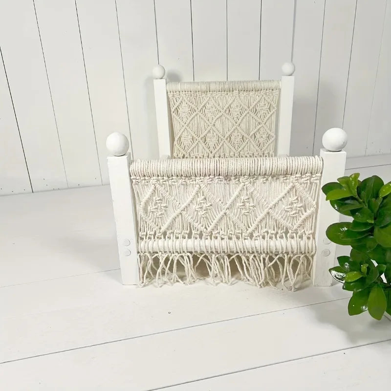 Cama de madera tejida blanca desmontada, estilo bohemio rústico europeo, accesorio de fotografía, decoración del hogar, sesiones de fotos