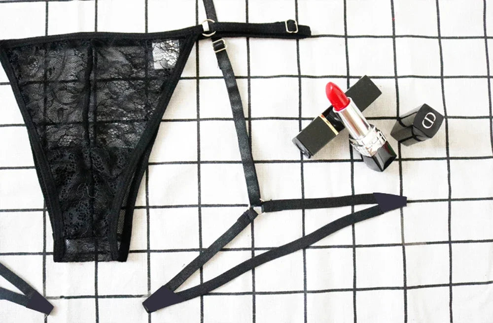 Ellolace Lencería sexy de encaje para mujer, conjunto de 3 piezas, sujetador transparente, conjunto de fiesta, lencería negra, body, conjuntos sexys