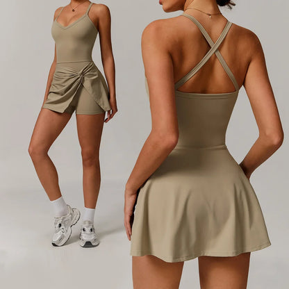 Falda de una pieza para mujer, de verano, segura, para yoga, tenis, gimnasio, golf, correr, deportes, fitness, con almohadillas para el pecho, antideslumbrante, para baile.