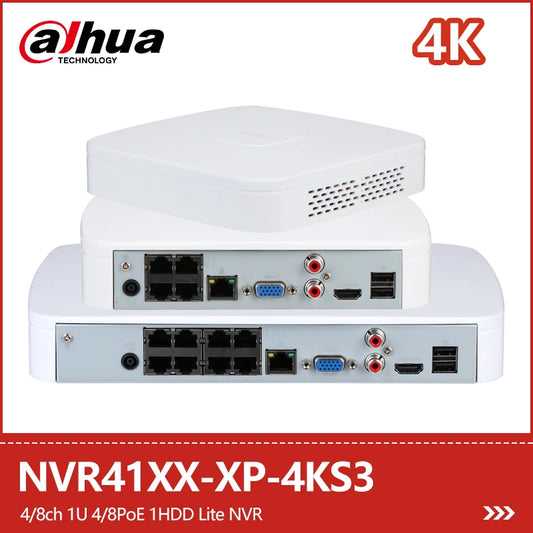 NVR Dahua Lite de 4/8 canales, 1U, 4/8 PoE, 1 HDD. Compatible con cámaras SMD de 12 MP, detección de movimiento y SATA hasta 20 TB. Modelos: NVR4104-P-4KS3 y NVR4108-8P-4KS3.