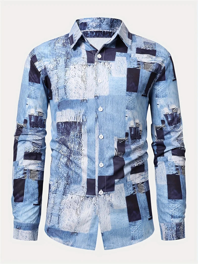 Camisa casual estampada para hombre 2025 con mangas largas transpirables y botones de plomo adecuada para primavera y otoño.