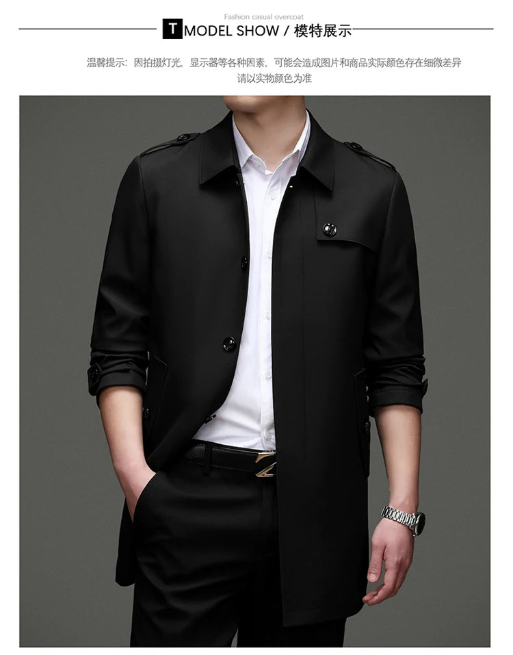 Abrigo tipo gabardina Maxbarley para hombre, estilo coreano, ligero, de lujo, de un solo botón, chaqueta larga cortavientos, colección primavera-otoño 2025, marca, con solapa.