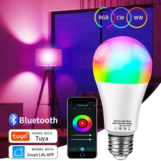 Bombilla LED inteligente Tuya E27 con control por aplicación, luz regulable, Bluetooth, RGB, 220 V, para decoración de dormitorio, fiestas, iluminación inteligente