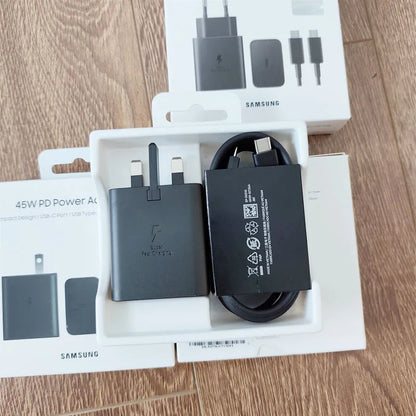 Cargador Samsung EP-T4510 de 45 W PD, carga súper rápida para Galaxy S25 Ultra Plus S24 S23 A56 C55, adaptador EU/EE. UU./Reino Unido, cable tipo C de 1,8 m.