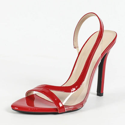 Liyke Sandalias de verano a la moda con punta abierta y poco profunda de PVC con tiras traseras transparentes para mujer, zapatos de tacón alto rojos para boda y graduación