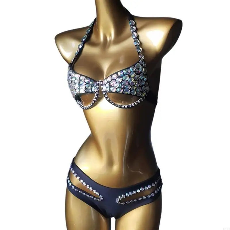 Sparkling Rhinestones Swimsuit for Women Padded Bathing Suit Halterneck Swimsuit
