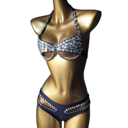 Sparkling Rhinestones Swimsuit for Women Padded Bathing Suit Halterneck Swimsuit