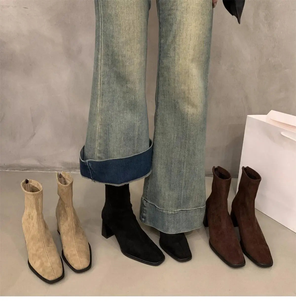 Vintage Women Ankle Boots 2024 Fashion Square Toe Thick High Shoes Autumn Winter New Ladies Elegant Stretch Slim Short Booties