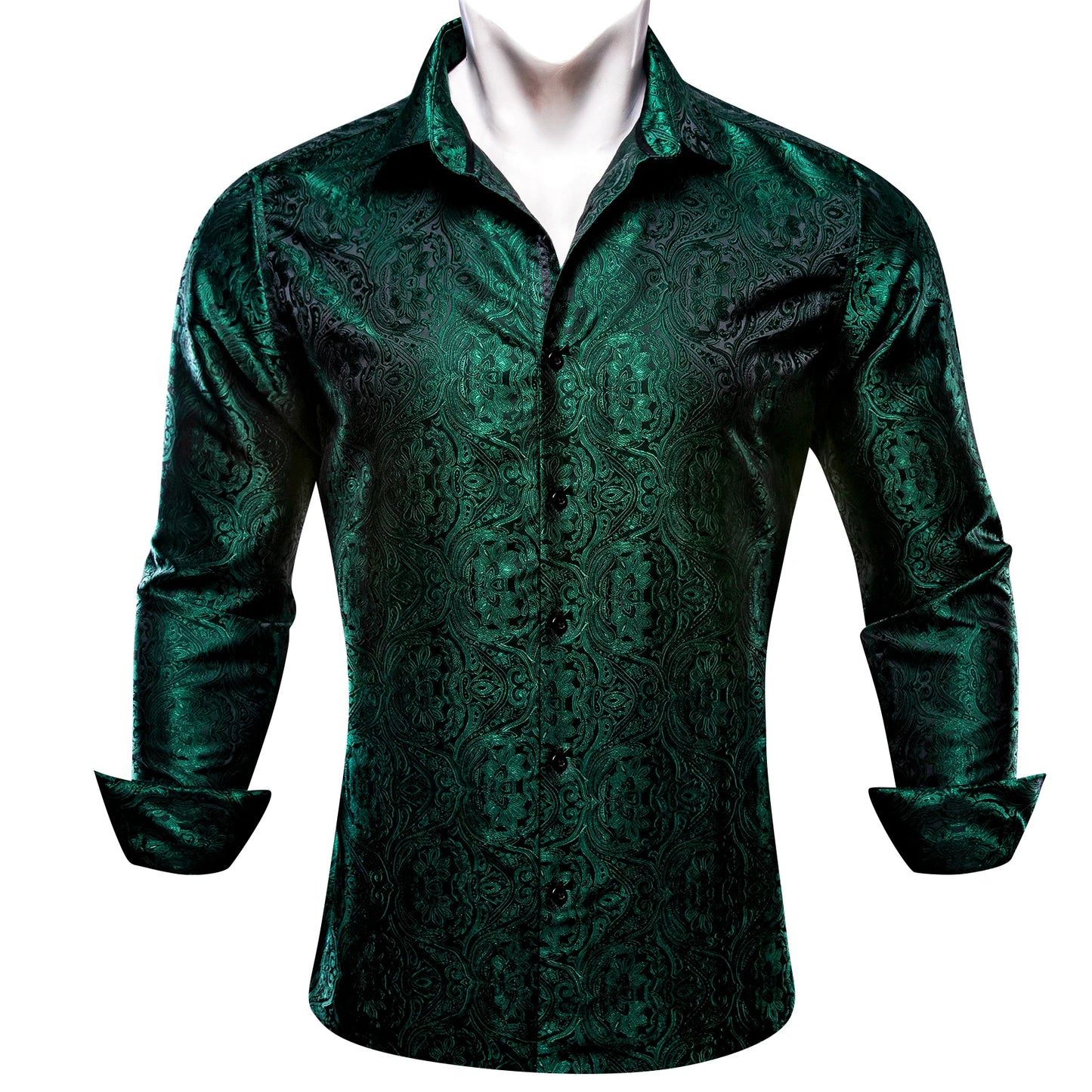 Camisas de seda de diseño para hombre en azul, dorado, verde, rojo, blanco y negro. Estampado cachemir bordado. Corte ajustado. Blusas casuales de manga larga.