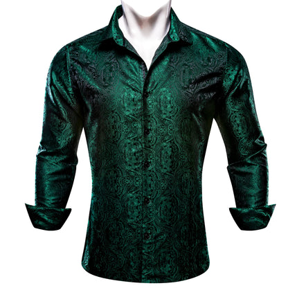 Camisas de seda de diseño para hombre en azul, dorado, verde, rojo, blanco y negro. Estampado cachemir bordado. Corte ajustado. Blusas casuales de manga larga.
