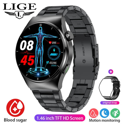 LIGE - Reloj inteligente para hombre de 1,46 pulgadas con terapia láser, control de lípidos, ácido úrico, VFC, llamadas, temperatura, deportivo y bienestar