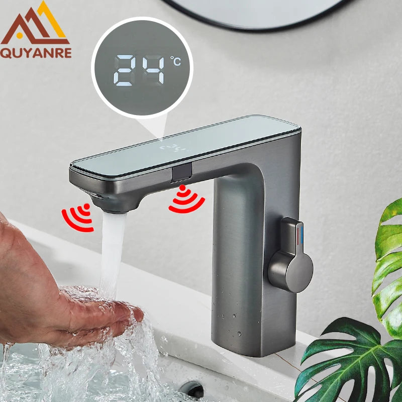 Grifo de lavabo inteligente con sensor, color gris plomo, pantalla digital, mezclador de agua fría y caliente, grifo sin contacto para lavabo de baño