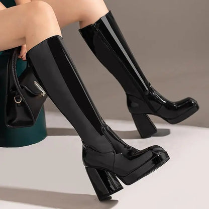 Botas altas impermeables para mujer, con plataforma de 10 cm y punta cuadrada, botines de invierno 2025 hasta la rodilla con tacón grueso, talla grande 43