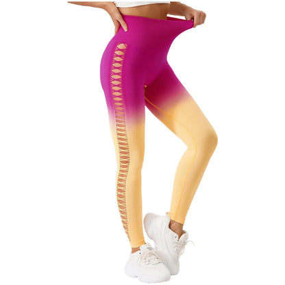 Womens Hip Tight Yoga Pants High Waist Side Hollowed-Out Mesh Design Exercise Yoga Leggings Running Gym Fitness