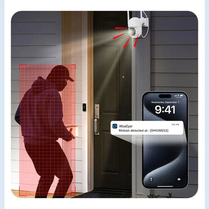 Cámara solar WiFi de 4 MP para exteriores, 2K, batería integrada, cámara de seguridad tipo domo con alimentación solar, alarma de movimiento PIR, almacenamiento en la nube y audio bidireccional.