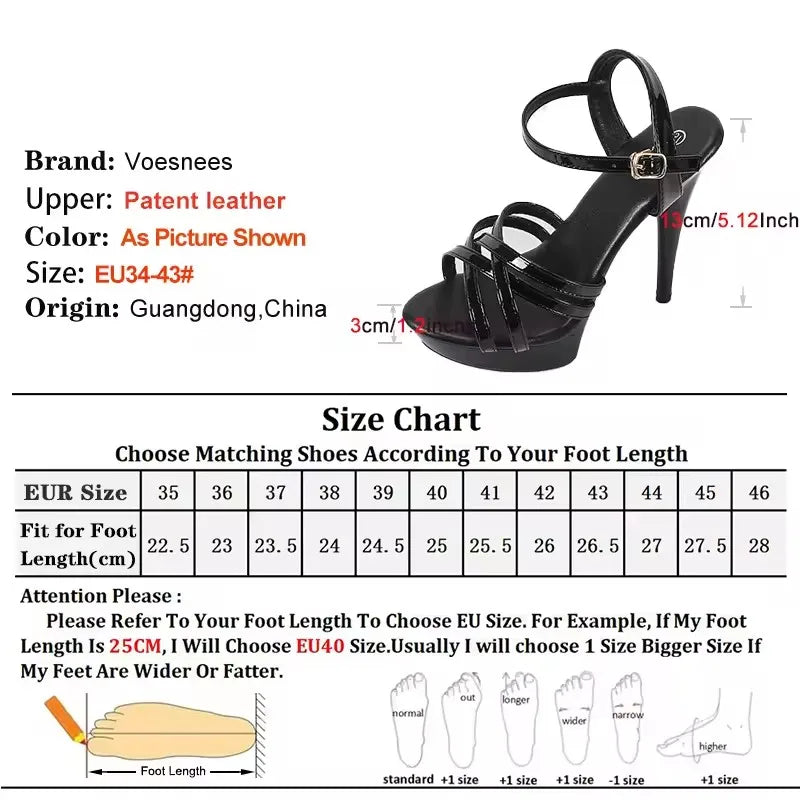 Zapatos de tacón alto para mujer, talla 43, con tiras finas, estilo pasarela, de 13 cm, con plataforma sólida, para fiesta y discoteca, color negro