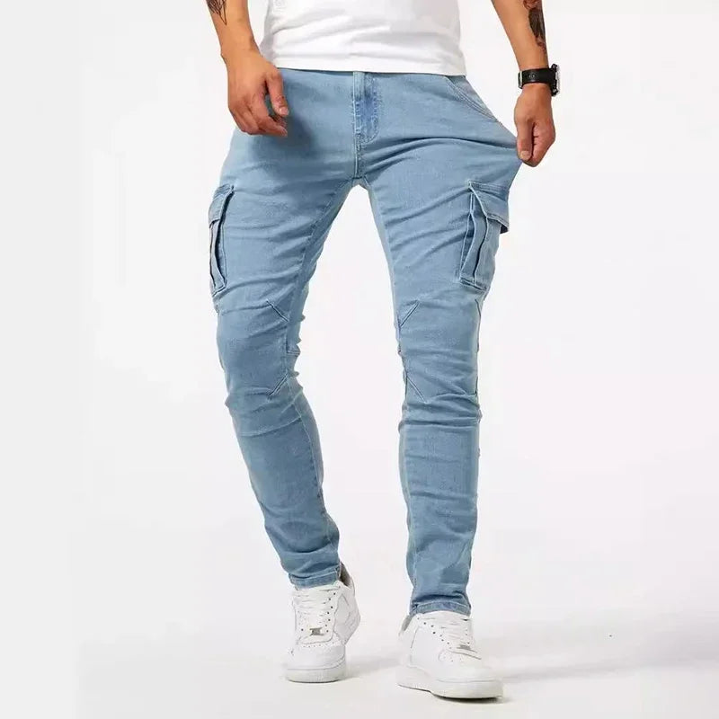 Pantalones vaqueros casuales de hombre, estilo lápiz, elásticos, con múltiples bolsillos, corte ajustado, estilo urbano, lavado liso, cintura media, estilo cargo.