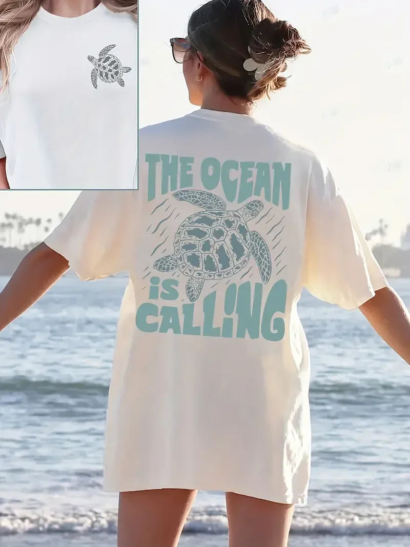 Camiseta con estampado de letras de tortuga, manga corta, cuello redondo, informal, de algodón puro, para mujer, 2024