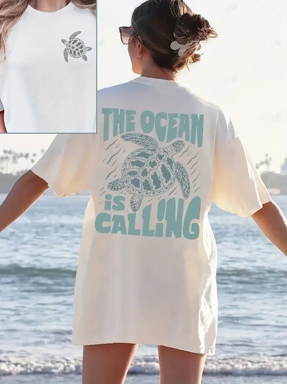 Camiseta con estampado de letras de tortuga, manga corta, cuello redondo, informal, de algodón puro, para mujer, 2024