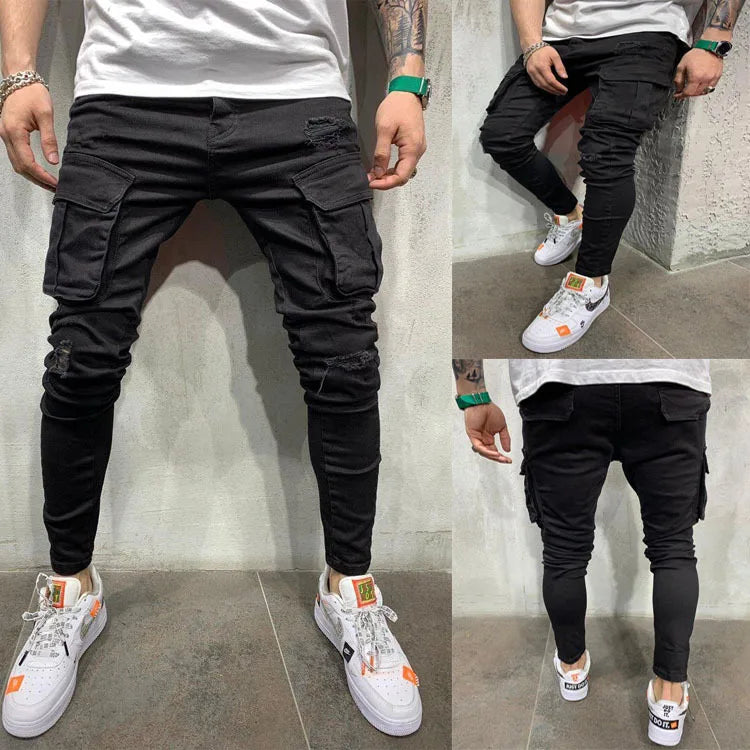 Pantalones vaqueros negros de hombre, corte ajustado, color gris, estilo casual, ajustados, estilo hip hop, urbano, de algodón.